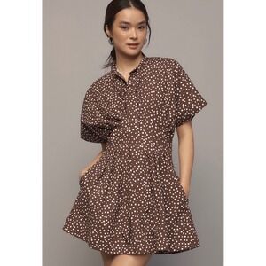 Exquise Anthropologie Tobie Tie-Neck Shirt Dress Brown Polka Dot size L NWT